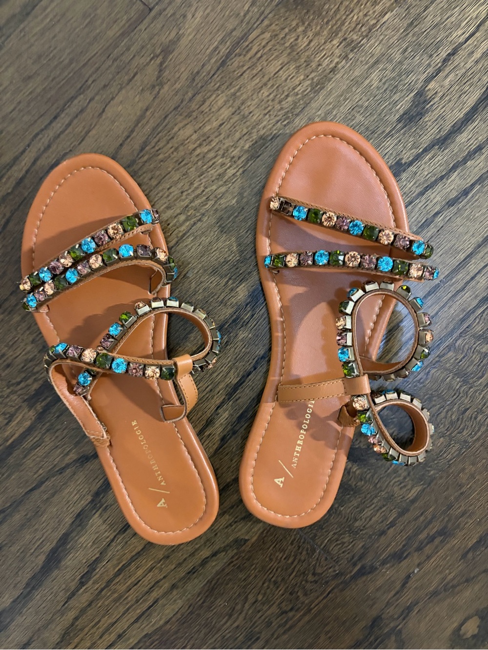 Anthropologie Tan Jeweled Strappy Sandals with Blue & Green Accents